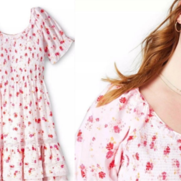 LoveShackFancy x Target Dress white, pink floral, puffy sleeves, shirred top - Picture 3 of 9